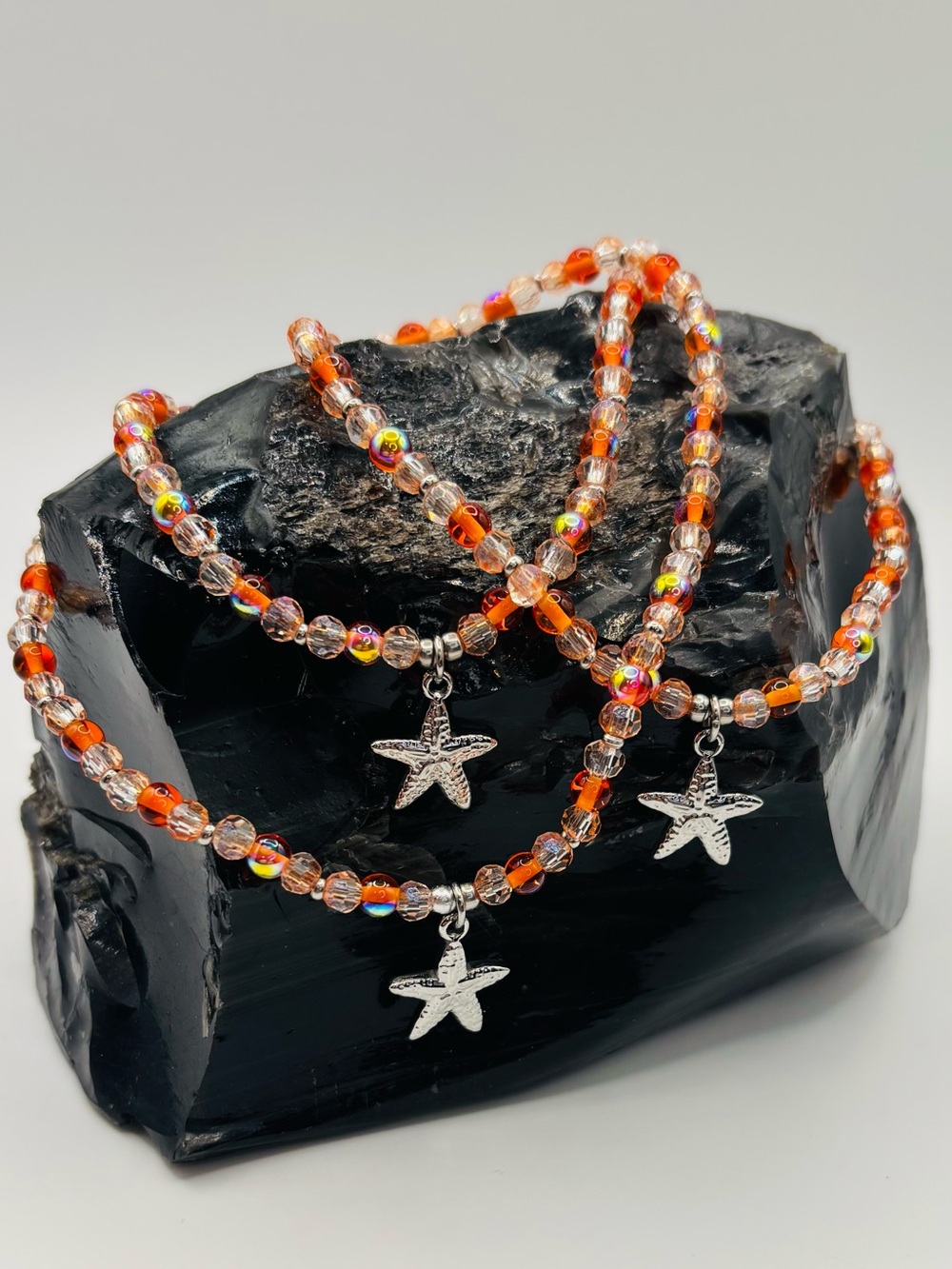 *ANKLET* S. Steel Starfish & AB Orange Crystal with Orange Glass Stretchy Anklet